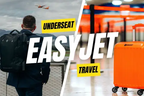 Homme avec sac à dos regardant un avion, valise orange et texte "EASYJET TRAVEL".