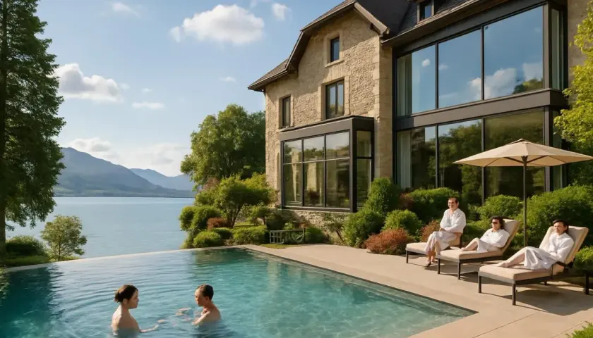 Piscine à débordement devant un hôtel de luxe avec vue sur le lac et des personnes en peignoir détendant sur des chaises longues.