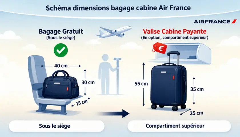 Schéma des dimensions des bagages cabine Air France : un sac sous le siège et une valise en soute.