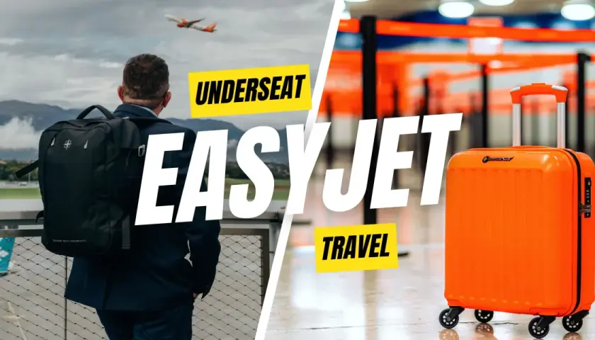 Homme avec sac à dos regardant un avion, valise orange et texte "EASYJET TRAVEL".